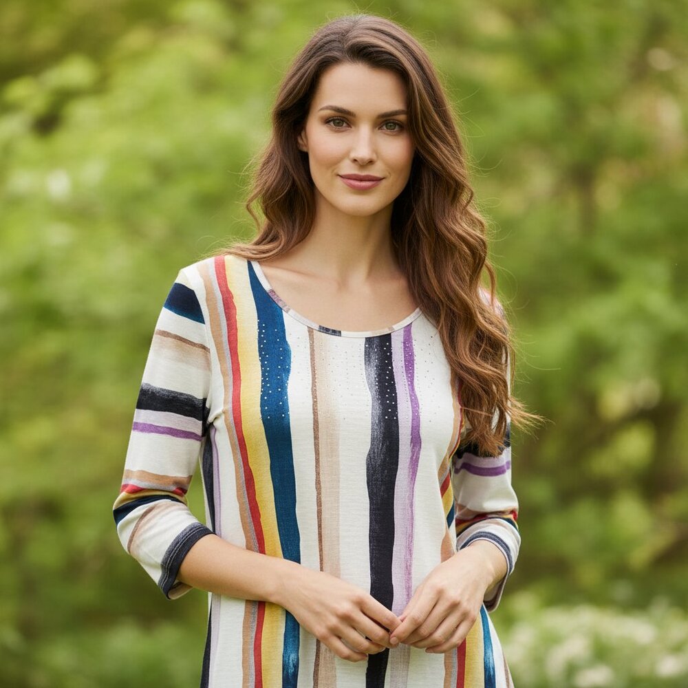 Cato M Cream Striped Knit Tunic Beaded Top Womens Casual Boho Normcore Comfy